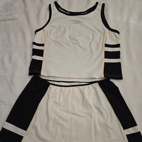 Women's Size Large LBH Activewear 2pc Set Black & White W/Yellow - Picture 1 of 10